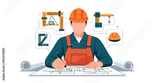 Construction Engineer Drawing Blueprint. Professional Architect Worker. Flat Vector Illustration. Engineering Design.