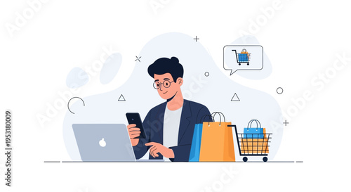 Man using smartphone for online shopping with laptop, shopping bags and cart