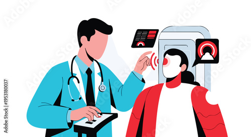 Doctor Examining Patient with Medical Technology. Healthcare Diagnosis Illustration. Modern Digital Health Concept.