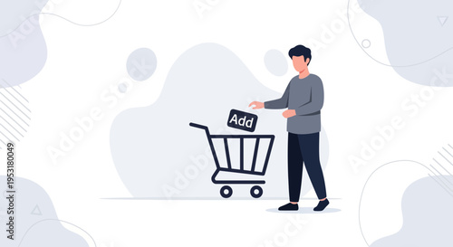 Man adding item to shopping cart, online shopping concept illustration