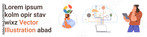 Business technology, digital communication, artificial intelligence, cloud computing, data visualization, innovation. A man thinking, digital cloud with icons and a tablet user. Digital