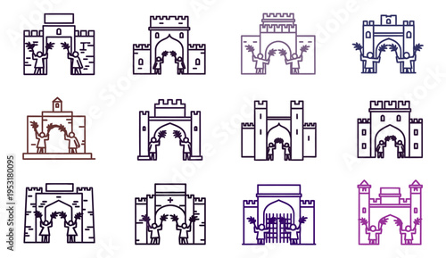 India Gate line vector icon sheet set Delhi landmark historical monument travel pack architectural tourism symbol cultural heritage minimalist design graphic layout editable commercial