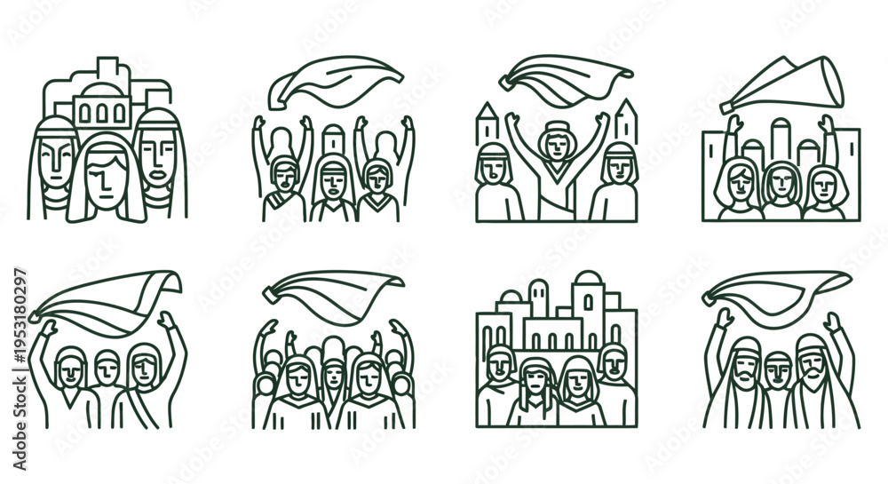 Obraz premium Palm Sunday line art vector icon sheet religious celebration people with palm branches worship scene easter illustration holy week lent christian symbols church graphic elements asset
