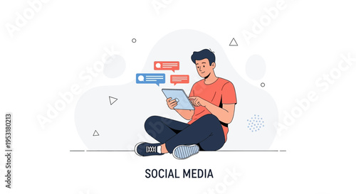 Young man using tablet for social media, chat bubbles, online communication concept
