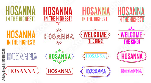 Hosanna in the highest Palm Sunday vector icon sheet banners labels typography palm branch accents easter celebration holy week lent christian church graphic commercial template layout