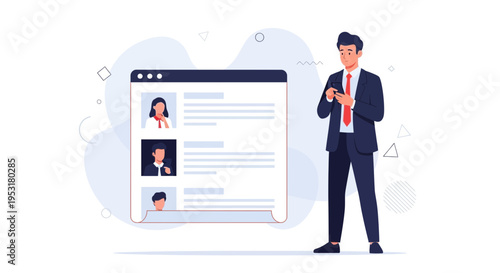 Businessman reviewing candidate profiles on a digital screen, recruitment concept