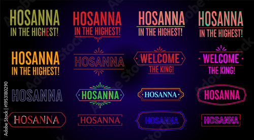 Vibrant Palm Sunday hosanna typography collection vector icon sheet religious celebration graphics welcoming the king festive worship modern christian easter holy week lent 