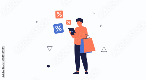 Man with Shopping Bags and Percent Signs on Tablet, Online Shopping Concept