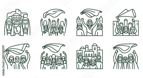 Palm Sunday line art vector icon sheet religious celebration people with palm branches worship scene easter illustration holy week lent christian symbols church graphic elements asset
