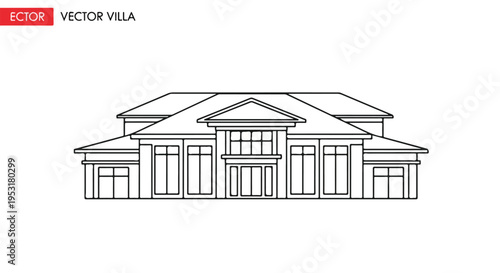 Line drawing of a modern house with a triangular pediment and columns on the front facade against a white background.