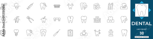 Dental line icon set featuring oral, health, teeth, dentistry, clinic, medical, and hygiene. Professional editable vector illustration