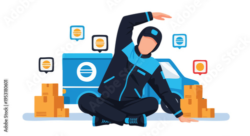 Delivery Person Stretching. Courier Wellness. Flat Vector Illustration. Logistics Health. Work-Life Balance.