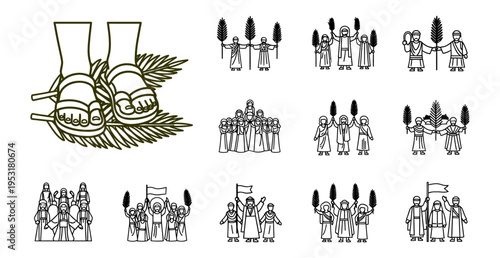 Palm Sunday procession line art vector illustration people palm branches religious celebration easter holiday graphic triumphal entry holy week lent christian church  clip art