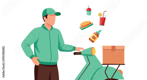 Food Delivery Service. Delivery Man on Scooter. Flat Design Illustration. Online Ordering Concept.