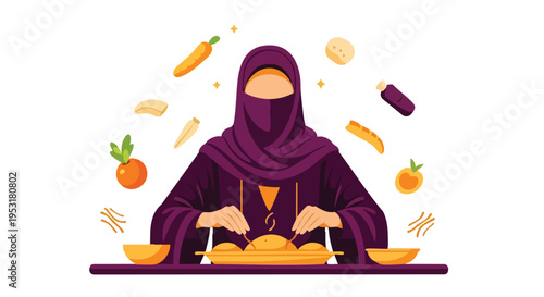 Muslim Woman Cooking. Healthy Food Preparation. Flat Vector Illustration. Home Kitchen Scene.