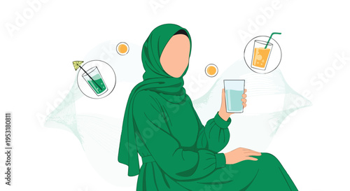 Muslim Woman Hydration Illustration. Flat Design Vector. Healthy Drinks Concept. Lifestyle and Wellness.