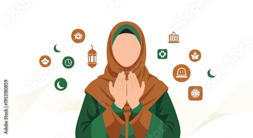 Muslim Woman Praying. Islamic Prayer Illustration. Flat Design Vector. Religious Devotion Art.