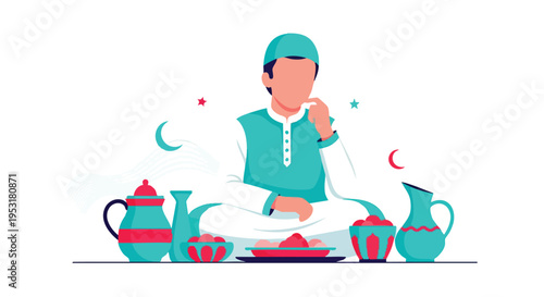 Muslim man breaking fast. Iftar meal illustration. Ramadan celebration vector art.