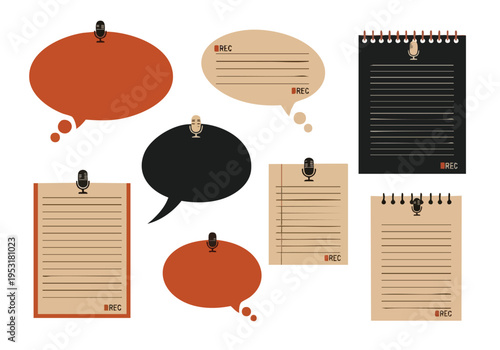 Podcast recording elements. Communication speech bubbles and notepads. Flat vector illustration. Graphic resources.