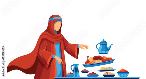 Middle Eastern woman preparing traditional feast. Flat vector illustration. Cultural celebration.