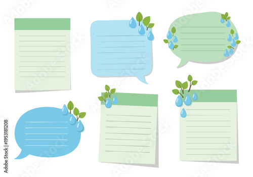 Eco-friendly blank notes and speech bubbles. Nature-themed memo pads. Flat vector elements for communication.