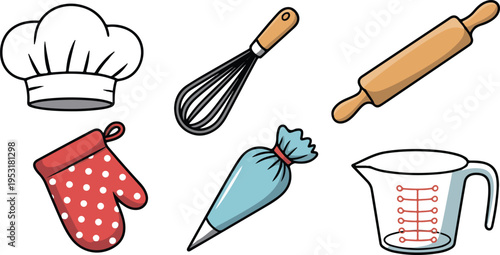 Set of baking tools and kitchen accessories including chef hat whisk rolling pin and utensils minimal outline vector illustration