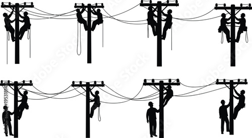 Black silhouette illustration of utility workers climbing and repairing telephone poles with safety gear, harnesses, and ropes, maintaining electrical power lines in multiple action scen
