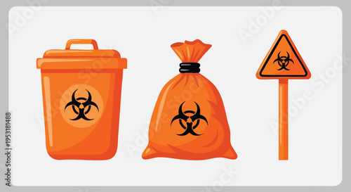 Biohazard waste disposal set. Medical hazardous waste management. Safety illustration. Orange containers, bag, sign.