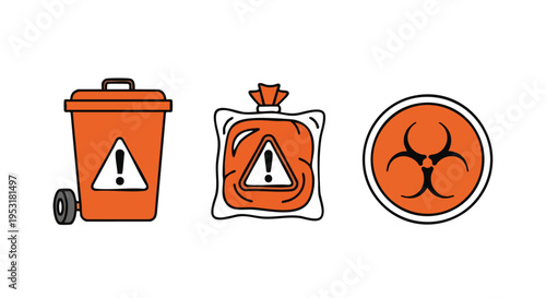Hazardous Waste Icons. Biohazard Symbols. Waste Disposal Illustrations. Safety Warning Signs.