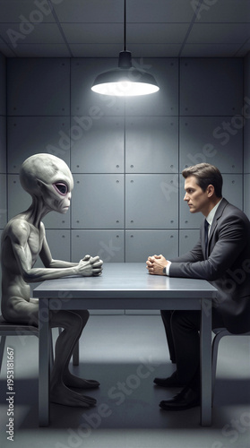 Man in business suit interviewing grey alien in sterile interrogation room. Extraterrestrial and government official sitting at metal table under single lamp.