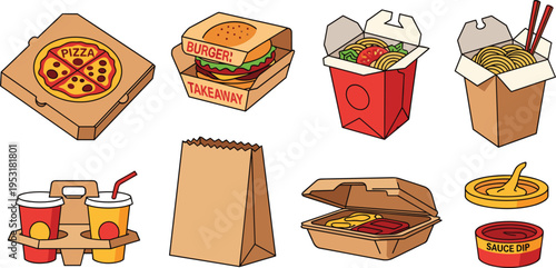 Fast Food Takeaway Packaging Containers Icon Set Vector Illustration with Pizza Box Burger Pack Noodle Takeout Paper Bag Drink Carrier and Sauce Cups