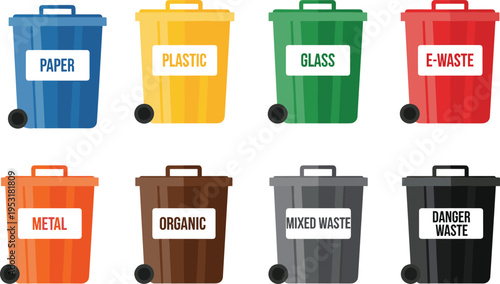 Colorful recycling bins illustration showing paper plastic glass e-waste metal organic mixed and hazardous waste categories for environmental waste sorting and sustainable management concept