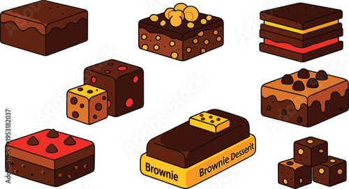 Chocolate Brownie Dessert Flat Vector Icon Set Featuring Fudge Cakes, Layered Brownies, Chocolate Cubes, and Sweet Bakery Treats Isolated on White Background