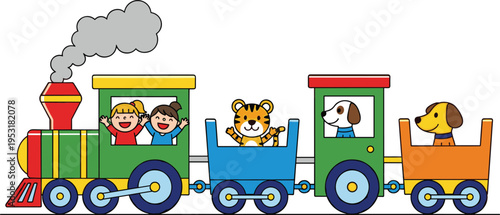 Cute cartoon train with happy children and animals colorful locomotive illustration for kids education playtime nursery design and fun transportation concept