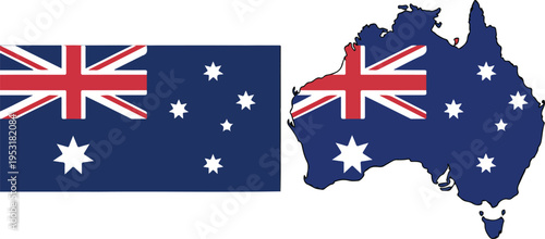 Australian flag and map silhouette illustration with Union Jack and stars in blue red white minimalist vector design