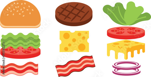 Burger Ingredients and Sandwich Toppings Icon Set Vector Illustration with Bun Patty Lettuce Tomato Cheese Bacon and Onion for Fast Food Menu