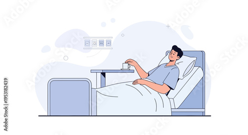 Man in Hospital Bed with Coffee Cup, Medical Care Illustration