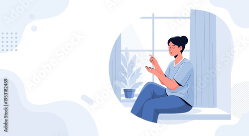 Woman sitting by window, gesturing, talking, relaxed, indoor, blue tones