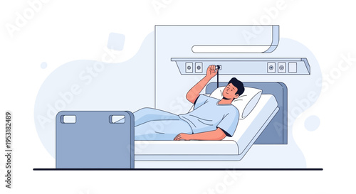 Patient in hospital bed with medical equipment, illustration