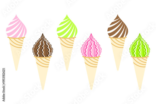 Different types of ice cream cones with colorful flavors displayed in a row