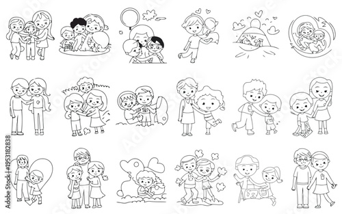 Children playing and engaging in various outdoor activities with trees and friends Vector