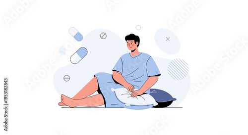 Sick man in hospital gown sitting on floor with pillows, pills floating around