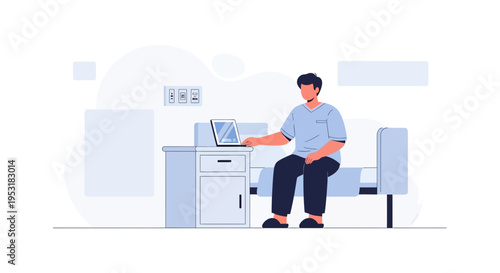 Patient using laptop on hospital bed, modern healthcare illustration