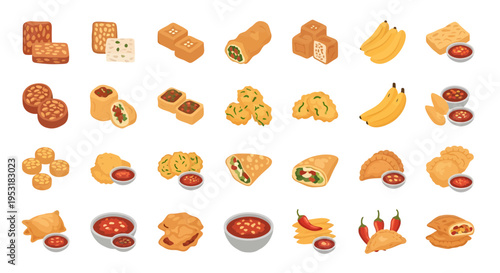 Indonesian Fried Snacks Icon Set, Traditional Street Food Gorengan Vector Illustration