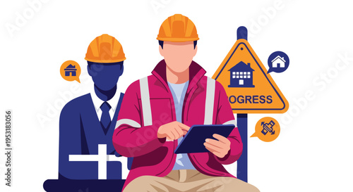 Construction Progress. Engineers planning. Digital tablet. Safety helmets. Site inspection.