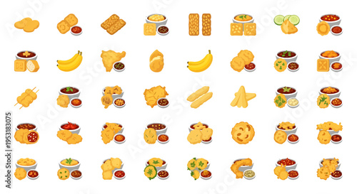 Indonesian Fried Snacks Collection, Gorengan Street Food with Sambal Sauce Vector Icons