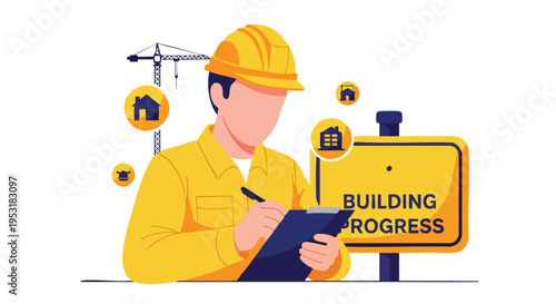 Construction Worker Inspecting Building Progress. Site Manager Planning. Project Development.