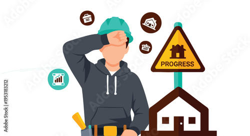 Construction Worker Overwhelmed by Project Progress. Home Building Concept.