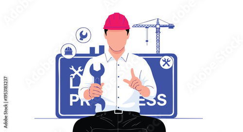 Construction worker. Building progress. Industrial concept. Man in hard hat holding wrench.
