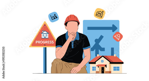 Construction worker thinking about project progress. Building plans and house model.